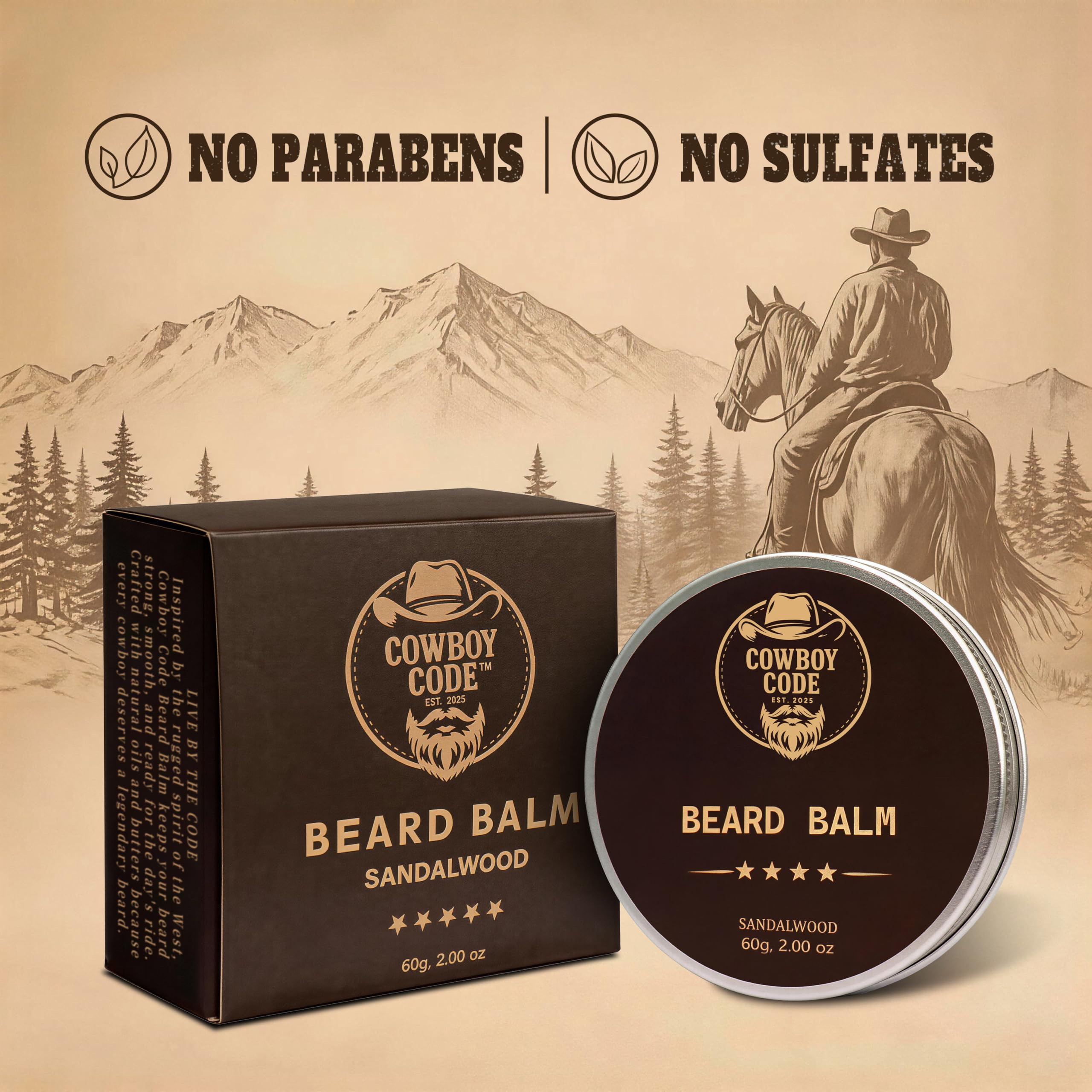 Cowboy Code Beard Balm for Men - Sandalwood Beard Balm - Medium Hold Beard Butter Conditioner - Softens, Moisturizes & Tames Beard - Beeswax, Shea Butter, Argan & Jojoba Oil - 2 Oz Natural
