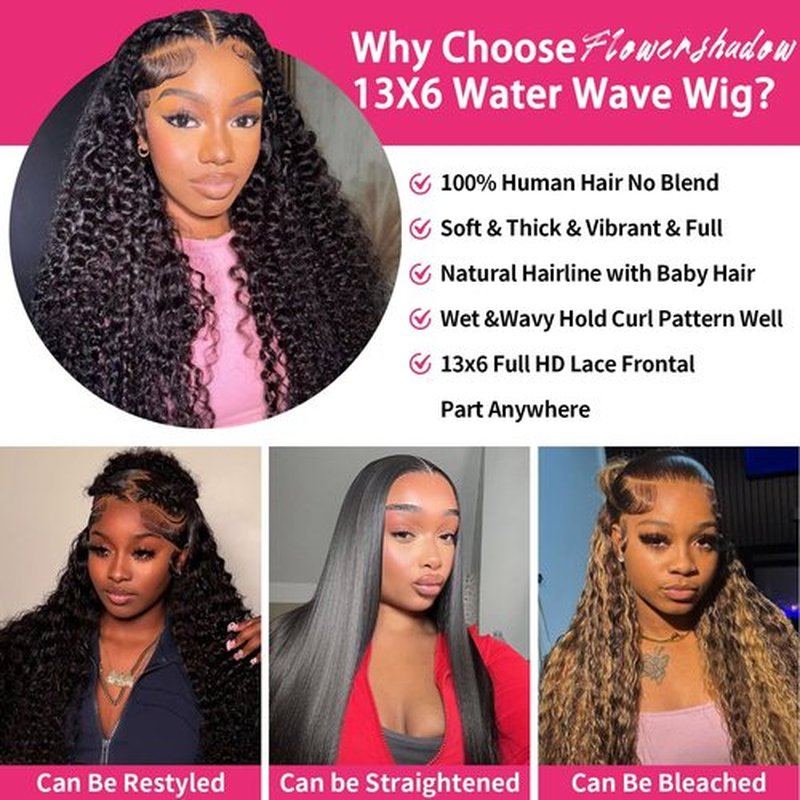 Flower Shadow 13x6 Full Lace Frontal Wig Water Wave Virgin Human Hair Wigs 210% 18 Inch Deep Wave 13x6 HD Full Lace Frontal Wigs For Black Women Wet and Wavy Wig