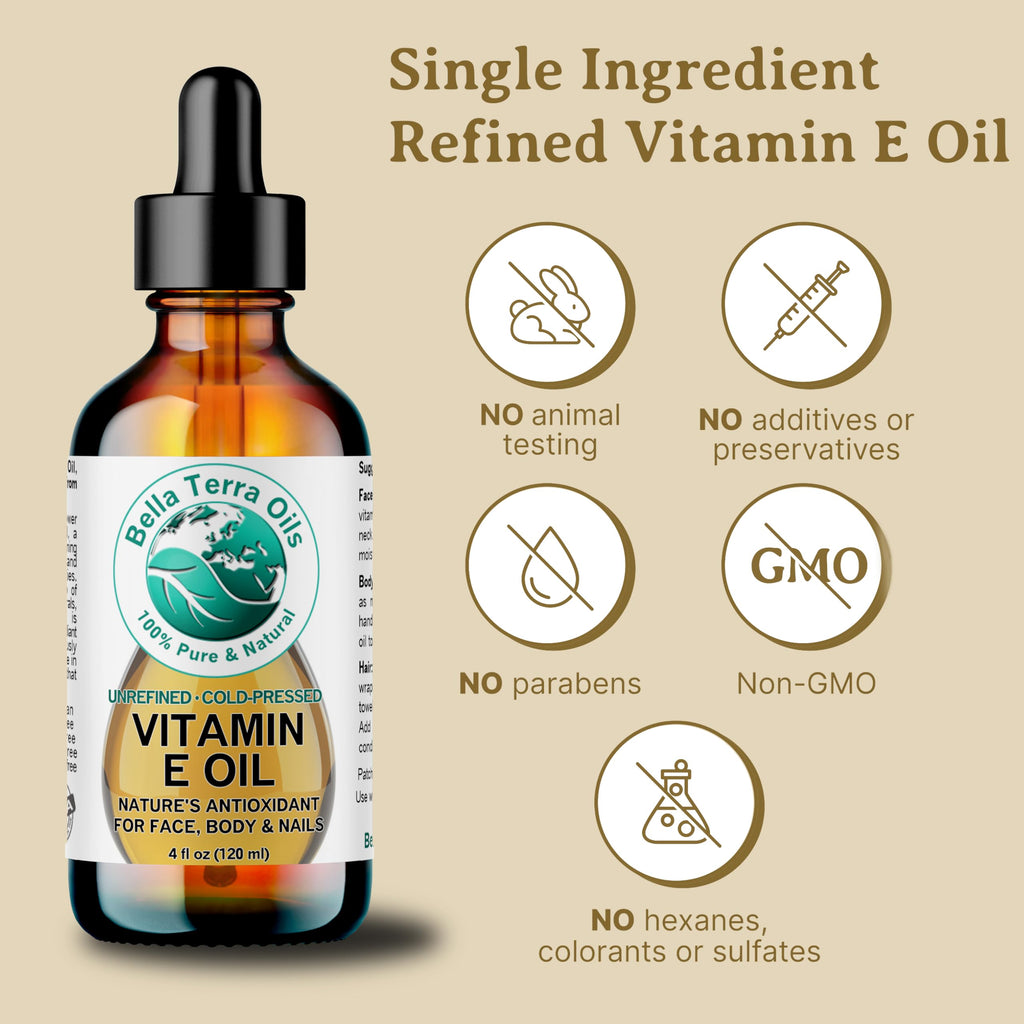Bella Terra Oils Pure Vitamin E Oil, All Natural, d-Alpha Tocopherol – 1 Gallon, Derived from Wheat Germ, Supports Skin & Hair Health