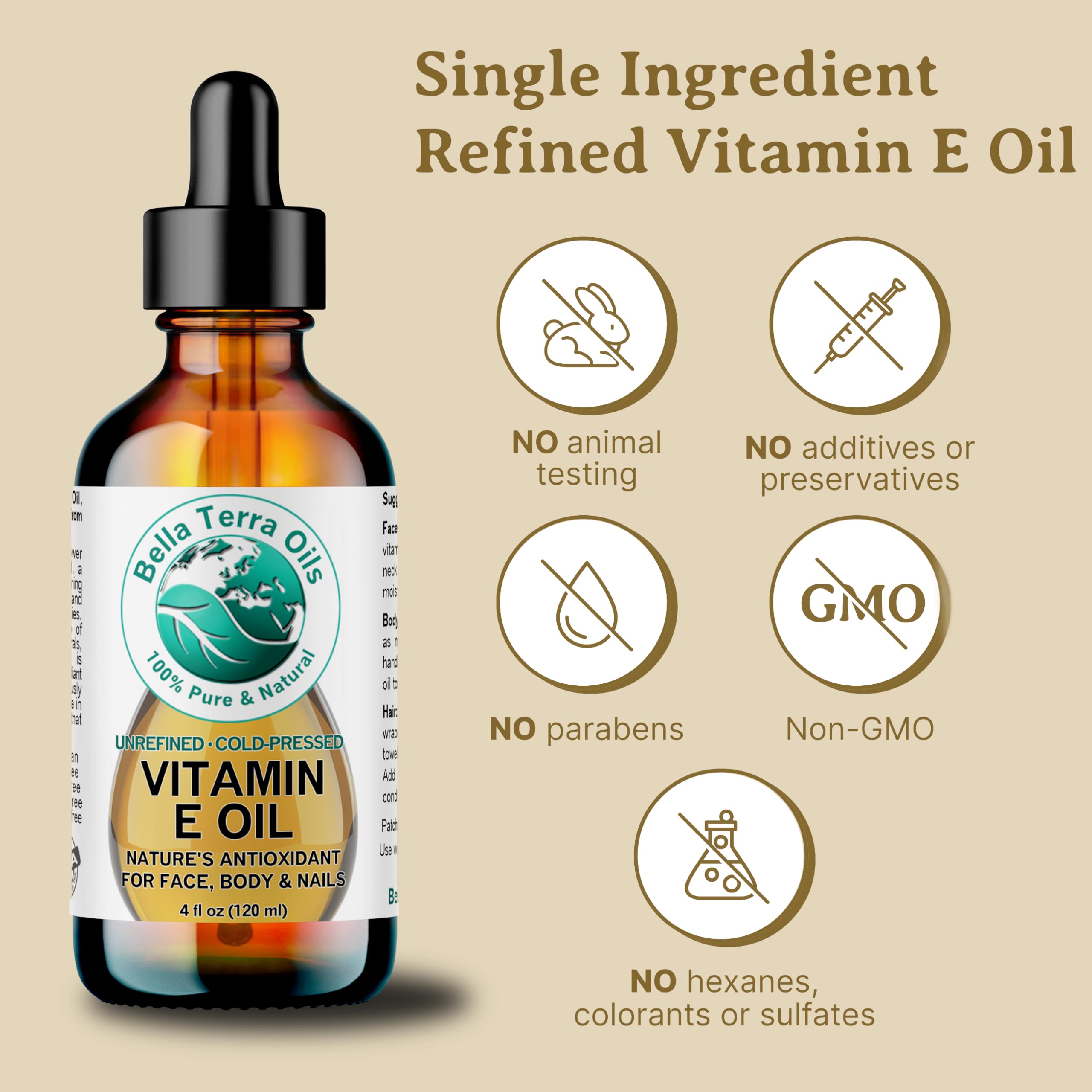 Bella Terra Oils Pure Vitamin E Oil, All Natural, d-Alpha Tocopherol – 1 Gallon, Derived from Wheat Germ, Supports Skin & Hair Health