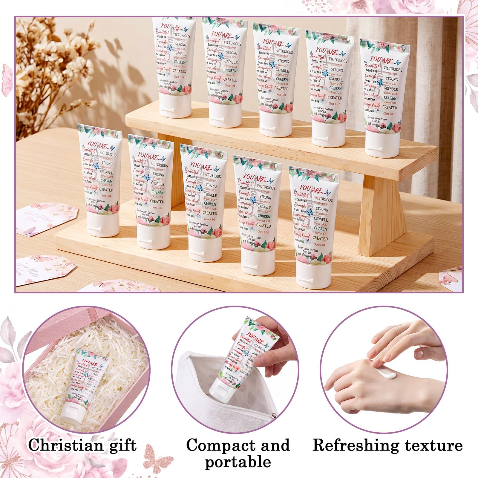 Leelosp 24 Sets Christian Mini Sunscreen Bulk Religious Gifts with Bible Verse Cards, Spf 30 Water Resistant Sunscreen Lotion 1oz, Christian Gifts for Women Mom Teacher Nurse Wedding Party Favors