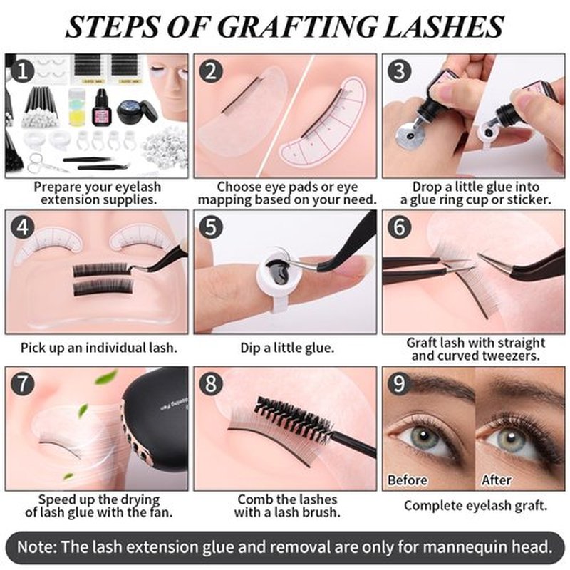Eyelash Kit for Lash Extension, Lash Tech Supplies with Mannequin Practice Head, Lash Cluster, Lash Extension Glue, Eyelash Remover, Fan, Tweezers, Lash Training Tools Set for Beginners at Home