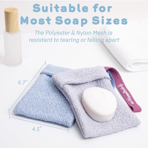 myHomeBody Soap Pocket for Gentle Exfoliating, Lather Mesh Bag, Body Scrubber Exfoliator, Pouch for Shower, Leftover Bits Saver, Light Blue, Gray - 2 Pack