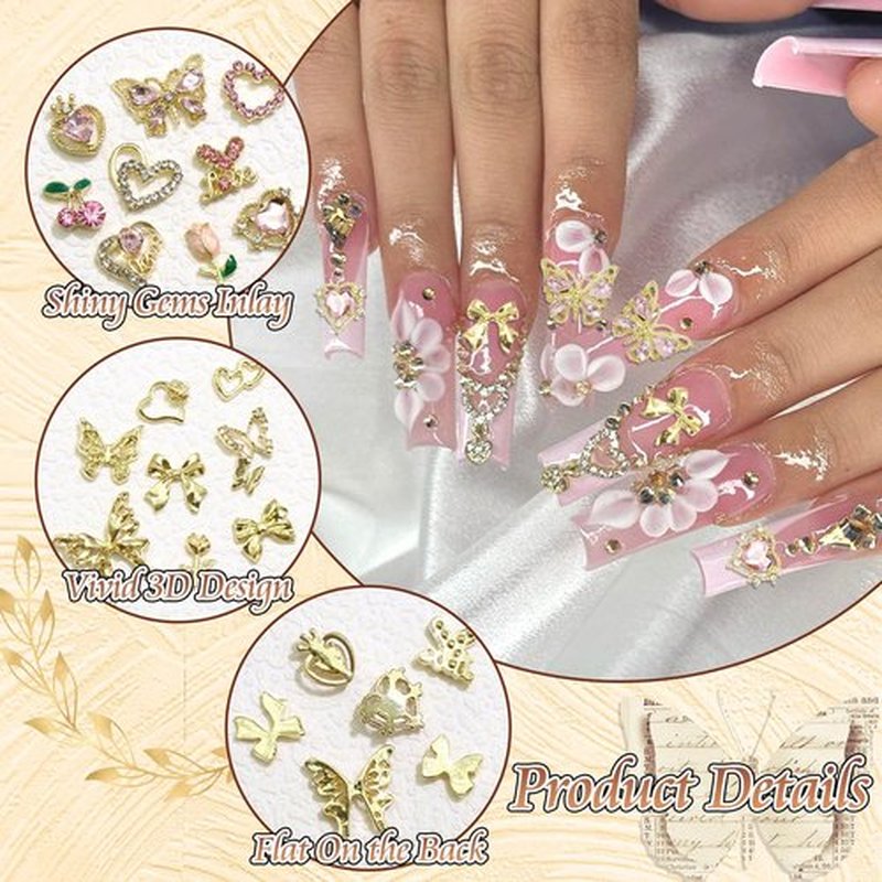 BELICEY 90Pcs Pink Heart Bows Nail Art Charms Gold 3D Assorted Bow Heart Cherry Charms for Nails Butterfly Nail Decoration Y2k Pink Nail Jewelry Gems for DIY Nail Art Design Crafts