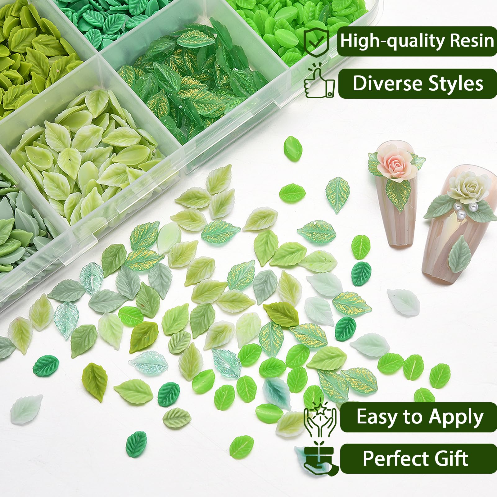 ZUMILLMN Leaf Nail Charm, 3D Nail Charms Bulk, 12 Styles Green Leaves Charms for Nails, Y2K Charms for Nails