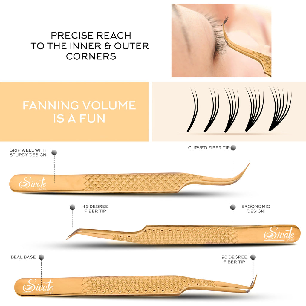 SIVOTE Eyelash Extension Tweezers Fiber Tips Japanese Steel, Set of 6 – Curved, Dolphin, 90° 45° Volume Boot & Slight Curved Tweezer – Professional Lash Tweezers for Lash Extensions Gold
