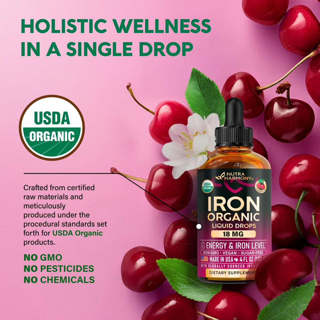 Liquid Iron Supplement for Women 18 mg - USDA Organic Drops - with Folate, Vitamin B12 & B6 - Iron Level & Energy Support - Gentle & High Absorption Glycinate Form - Cherry Flavor, Sugar-Free, 4 fl oz