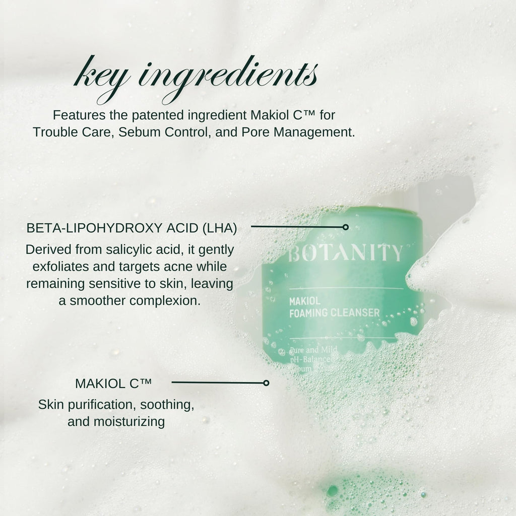 BOTANITY Makiol Foaming Cleanser | Low pH Cleanser with LHAs | Gentle & Refreshing | Sebum Control | Pore Refining | All Skin Type | Cruelty-Free | 5.07 fl oz