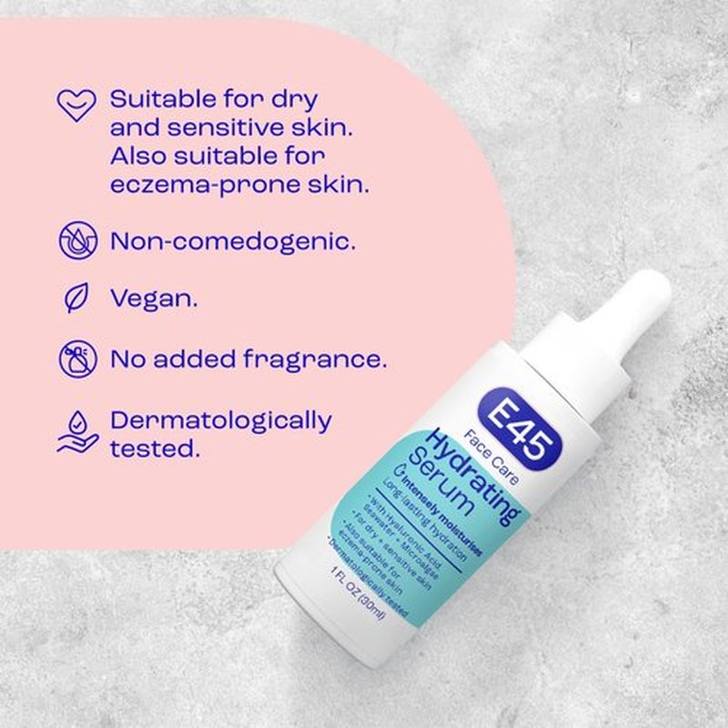 E45 Hydrating Face Serum, Instant 48 Hour Results, Hyaluronic Acid, Vegan, Lightweight, Boosts Hydration, for Dry, Sensitive and Eczema Prone Skin, Fragrance Free, Dermatologically Tested, 1 fl oz