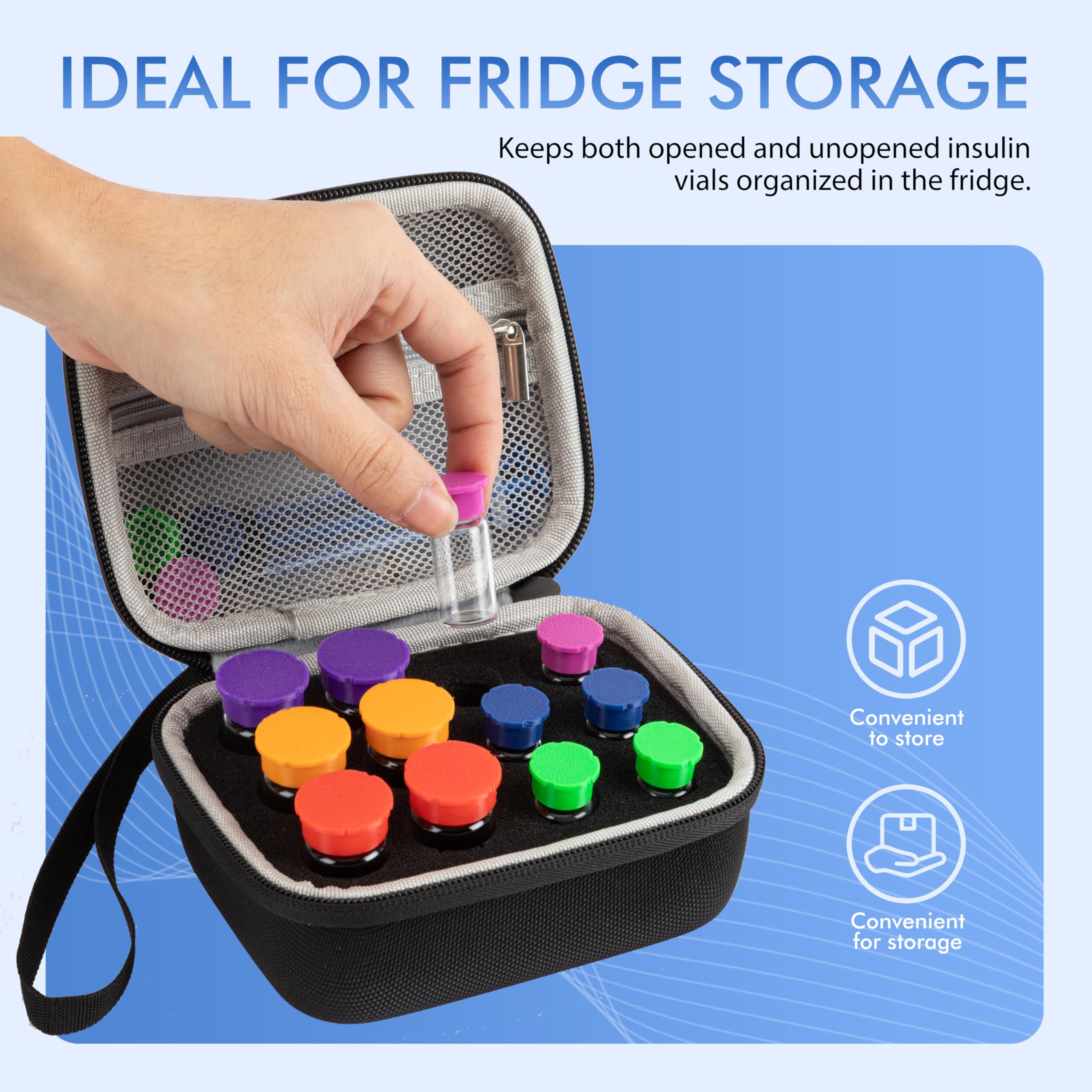 Vamctry Peptide Case for Fridge, 12 Slots Insulin Vial Protector Organizer Bag, Peptide Vial Storage Case for 1ml 3ml 5ml 10ml Vials, Diabetes Insulin Carrying Case