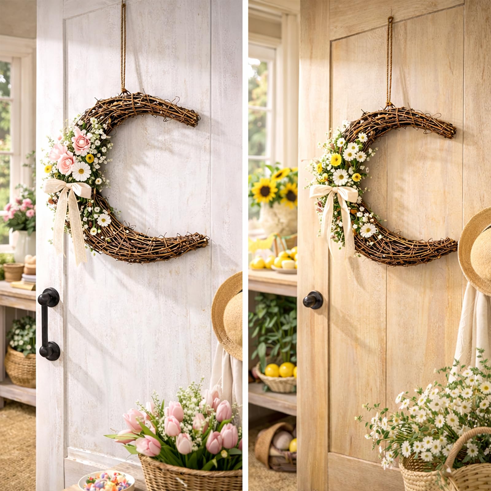 NOLITOY Natural Grapevine Wreath for Front Door, 11.81 Inch Vintage Moon Shape Twig Spring Wreath for Crafts Easter Home Wall Hanging Decor Wedding Party Supplies