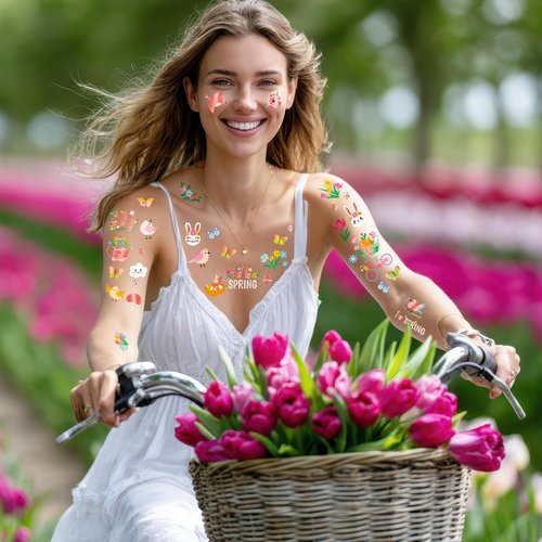 174 PCS Spring Temporary Tattoos, 12 Sheets Waterproof Hello Spring Tattoo, Rose Gold-Foil Spring Party Decorations Glitter Flowers Butterfly Egg Fillers for Easter Basket Stuffers Party Favors