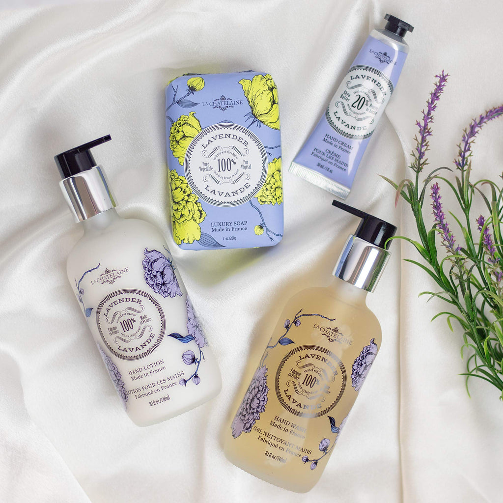 La Chatelaine Luxury Bar Soap Trio Gift Set Tin | Made in France | Natural and Organic | Shea Butter Formula | 3 x 7 oz / 200g - Lavender Soap Trio (Lavender, Lychee Bilberry, Lemon Verbena)