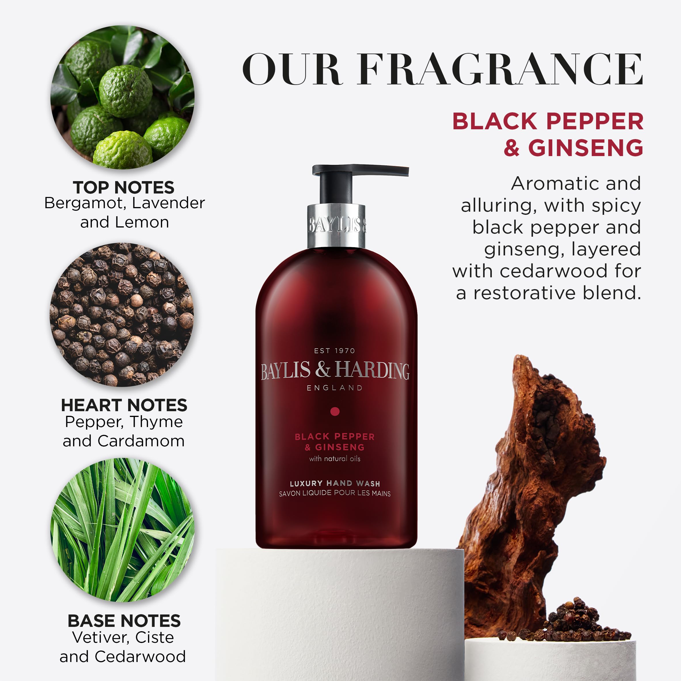 Baylis & Harding Liquid Hand Soap Wash with Dispenser, Black Pepper & Ginseng for Men, 16.9oz/500ml (3-Pack)