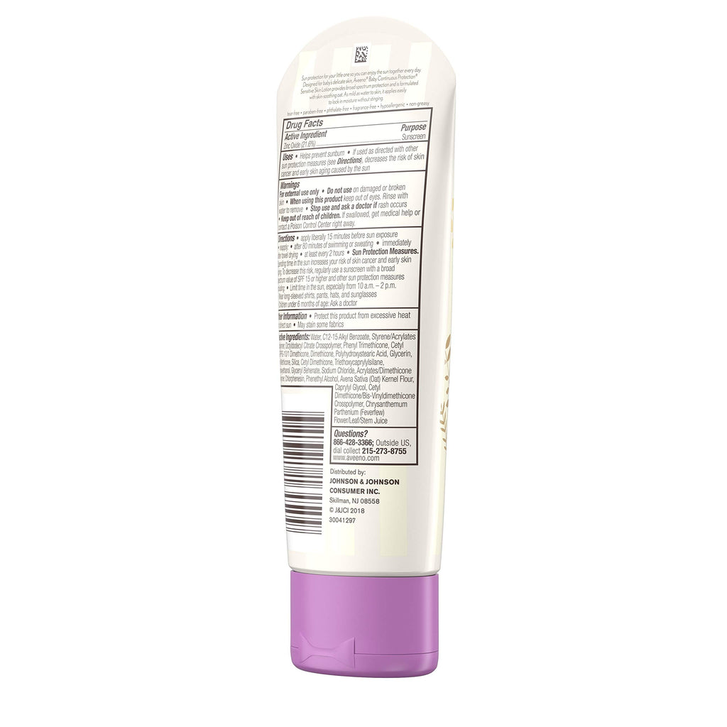 Aveeno Baby Continuous Protection Zinc Oxide Mineral Sunscreen Lotion for Sensitive Skin,Broad Spectrum SPF 50,Tear-Free,Sweat- & Water-Resistant,Paraben-Free,Travel-Size,3 fl. oz,(Pack of 2)