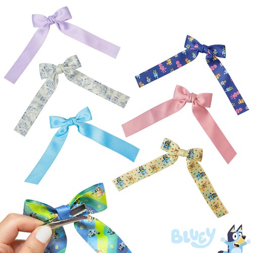 Bluey Printed Long Tail Hair Bow Set for Girls – 7-Pack Printed Bows with Alligator Clips – Cute Hair Accessories for Kids Ages 3+
