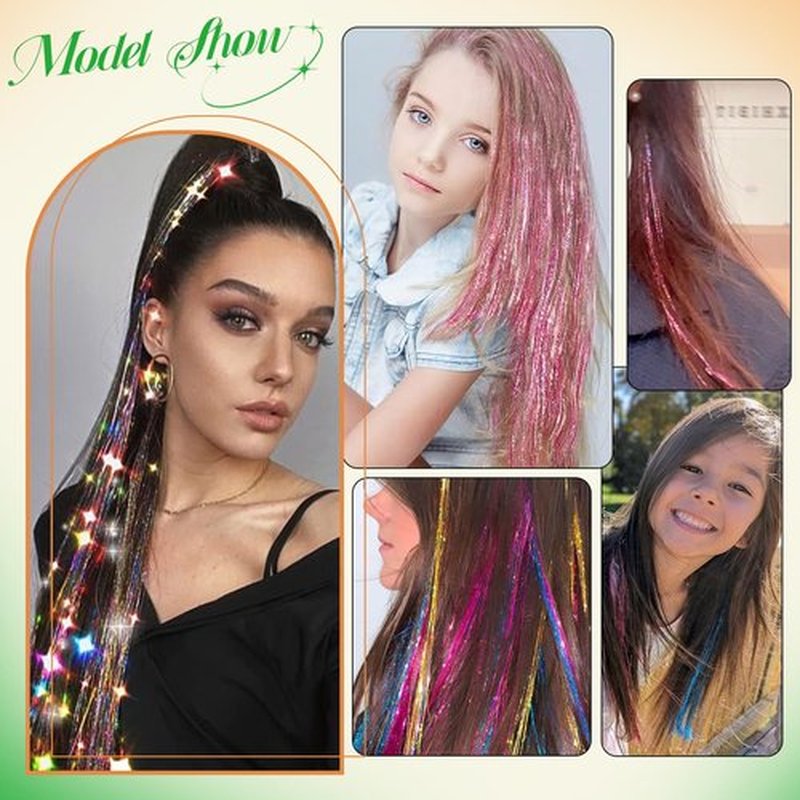 Hair Tinsel Kit With Body Glitter 15 Colors 48 Inch 4500 Strands Glitter Tinsel Hair Extensions With Tools Fairy Hair Accessories, Suitable for Festivals and Daily Use (15 Colors Hair Tinsel Kit)