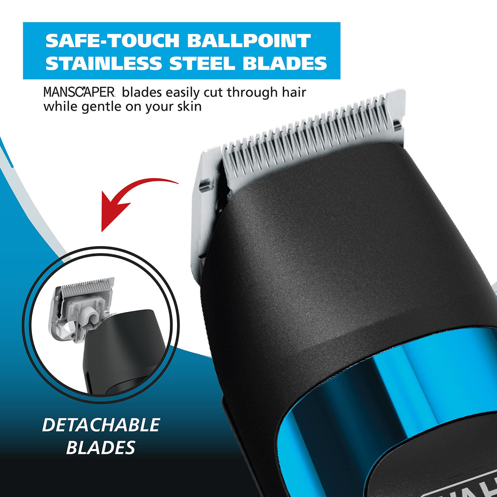 Wahl Manscaper® Total Body Grooming and Your Hair Down There Rechargeable Deluxe Hair Trimmer and Shaver with Safe-Touch Detachable Stainless Steel Precision Blades - Model 5708