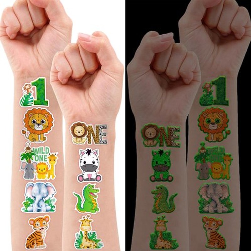96 PCS Wild One Jungle Animal Glow In The Dark Pre-Cut Temporary Tattoos Sticker 1st First Birthday Decorations Party Supplies Favors Gifts Boys Girls Cute Fake Tattoo School Reward Themed (Luminous)