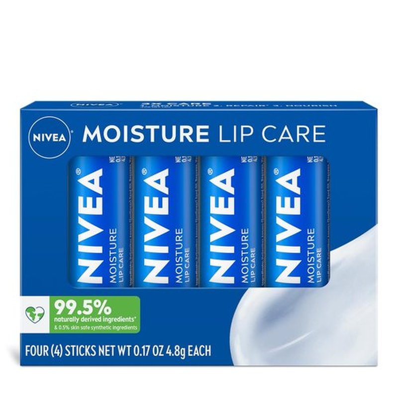 NIVEA Hydrating Lip Balm - Moisture & Repair with Shea Butter, Vitamin C & E | 0.17 Oz Stick, Pack of 4