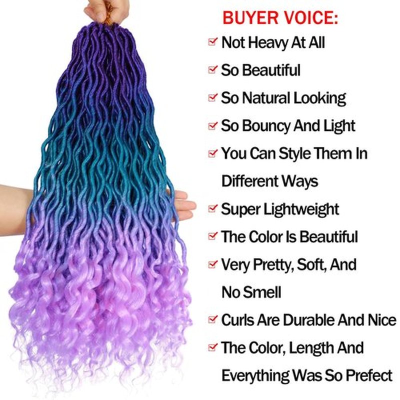 Ombre Faux Locs Crochet Hair 20inch 5Pack(120Strands)Ombre Goddess Locs Crochet Hair Pre Looped Crochet Faux Locs With Curly Ends Faxu Locs Crochet Hair for Black Women(Purple/Lake Blue/Light Purple)