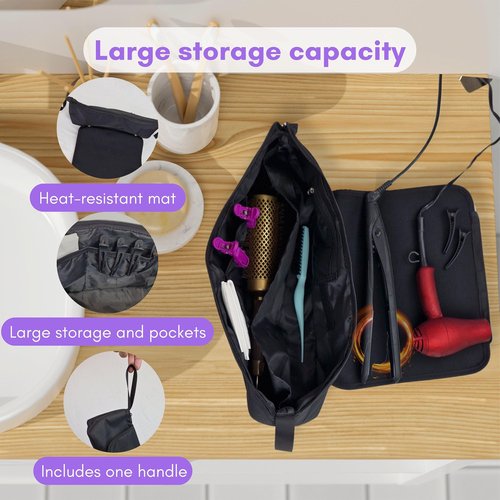Large Hair Tools Travel Bag and Heat Resistant Mat – Hot Hair Tools Organizer for Flat Iron, Curling Iron, Hair Dryer – 2-in-1 Portable Case for Women Bag (19 x 6.5 in) Mat (11 x 15 in)
