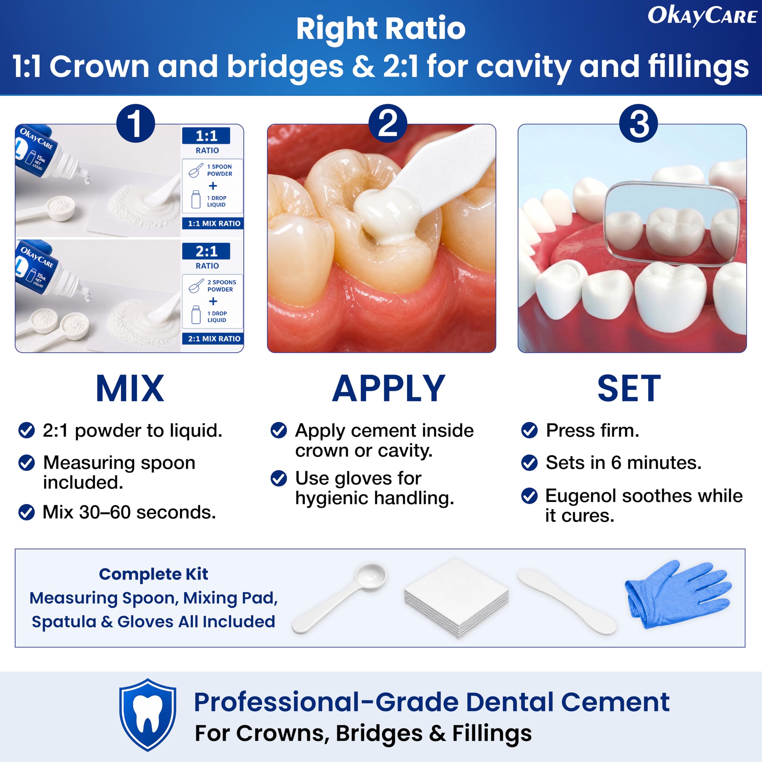 Zinc Oxide Eugenol Dental Cement Kit – Instant Tooth Repair, Cap, Crown & Bridge Filling | Ultra Strong & Pulp-Soothing Formula | Long Lasting - Easy Mix-and-Use Dental Adhesive for DIY, Home & Clinic