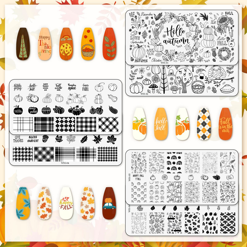 Whaline 6Pcs Fall Thanksgiving Theme Nail Art Stamping Plate Kit Various Pattern Pumpkin Maple Autumn Blessing Collection Checkered Nail Art Plate for Thanksgiving Day DIY Design Print Manicure Salon