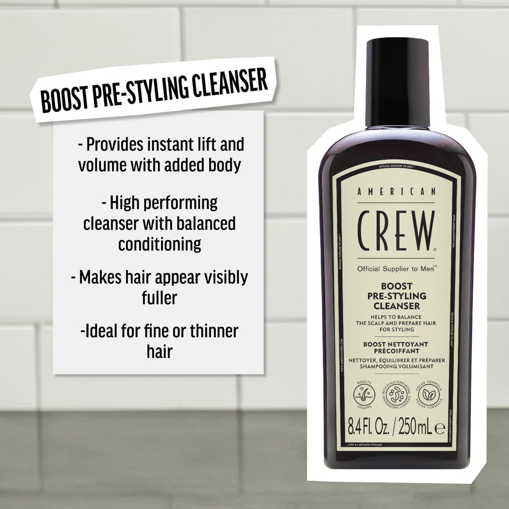 AMERICAN CREW Men's Pre Styler Boost Shampoo for Fine & Thin Hair, Instantly Volumizing Formula, Adds Volume, Lift, & Shine, Vegan, 8.4 fl oz