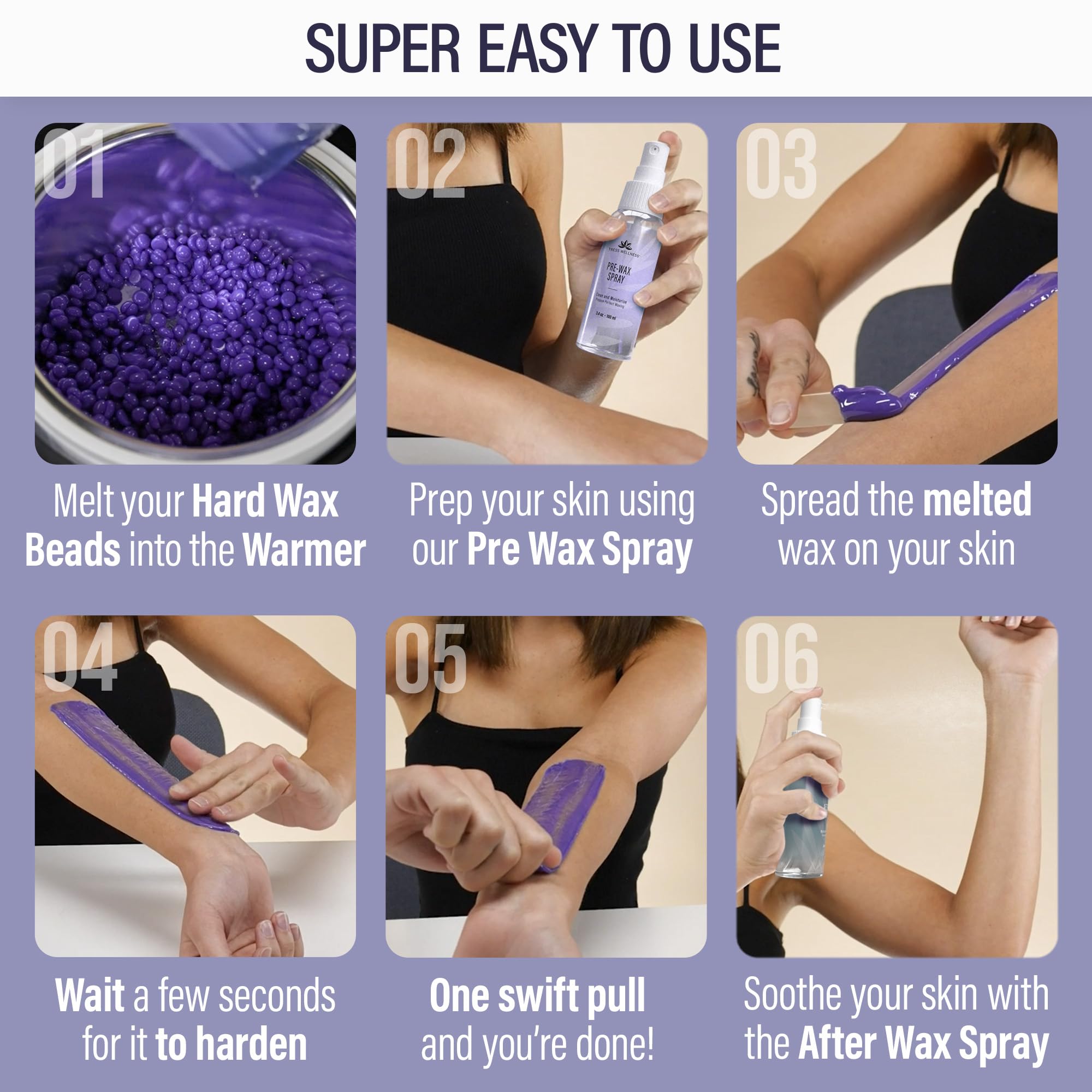 Tress Wellness Award Winning Waxing Kit for Sensitive Skin – Safe for Face & Skin, Easy to Use – At-Home Kit for Face, Bikini, Brazilian & Full Body - Digital Display, Purple