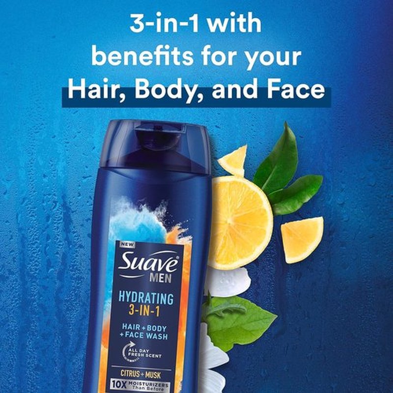 Suave Men 3-in-1 Moisturizing Body, Face & Hair Wash - Hydrating Citrus & Musk Scent | 18 Oz, Pack of 6