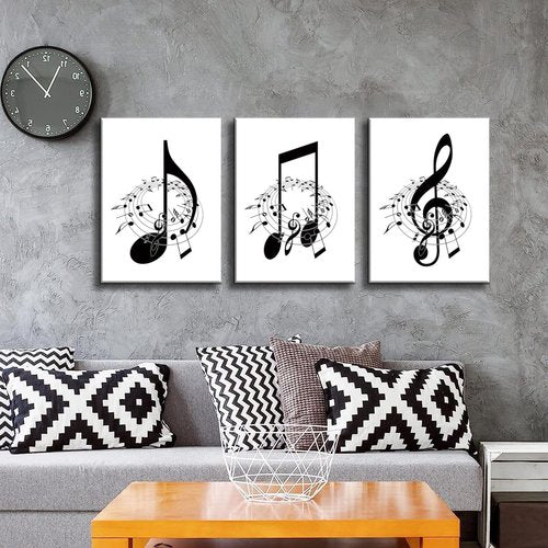 Skiennix Framed Music Notes Wall Art - Stylish Black & White Canvas Prints | 12x16in (Set of 3)