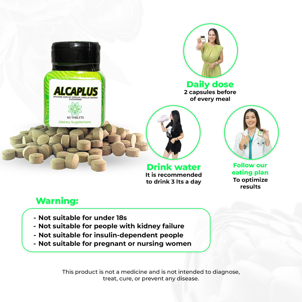 Alcaplus Original Natural Weight Loss Pills for Detoxifying and Controlling Appetite, Herbal Supplement with Artichoke, Eggplant, Spirulina, Green Tea, and Glucomannan