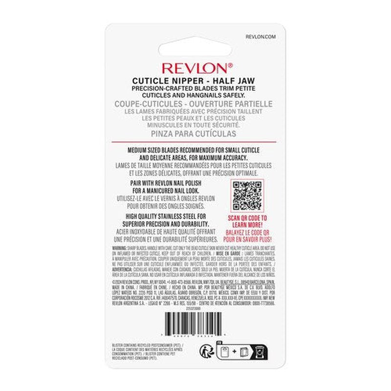 Revlon Half Jaw Cuticle Nipper, Manicure Tool for Nail Care, Hangnail Clipper, For More Precise Trims, Non-Slip Grip, Stainless Steel, 1 Count