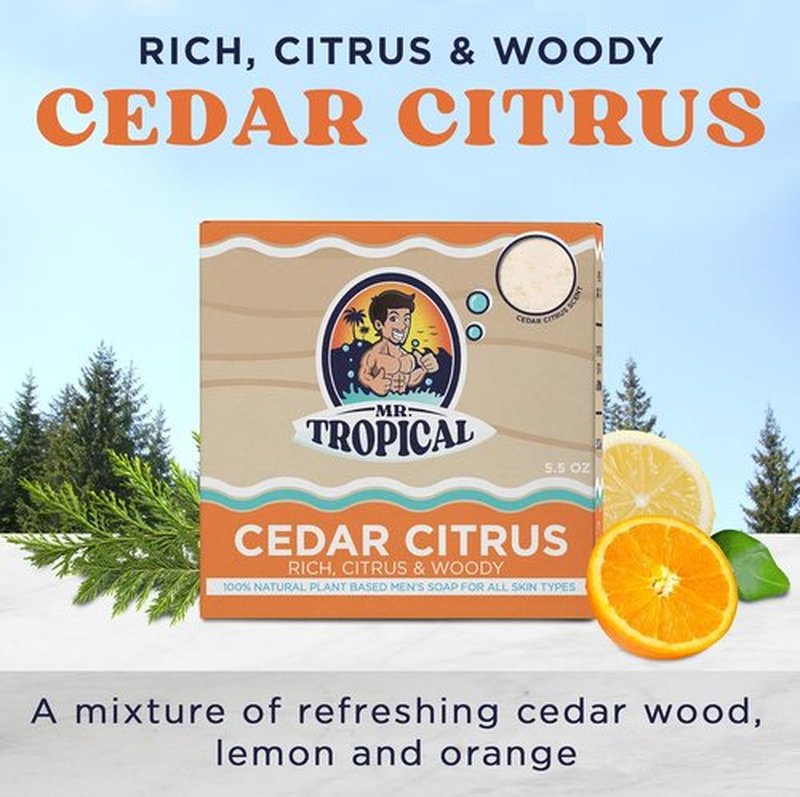 Mr. Tropical Cedar Citrus Men's Soap Bar - Organic Essential Oils, Moisturizing & Nourishing, 5.5 Oz