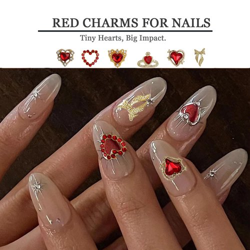Gold Nail Charms - 40PCS 3D Gold Bows, Red Rhinestones & Cross Virgin Mary Charms for Y2K Nail Art | Birthday Gifts, DIY Manicure Supplies (Cute Metal & Rhinestone Mix)