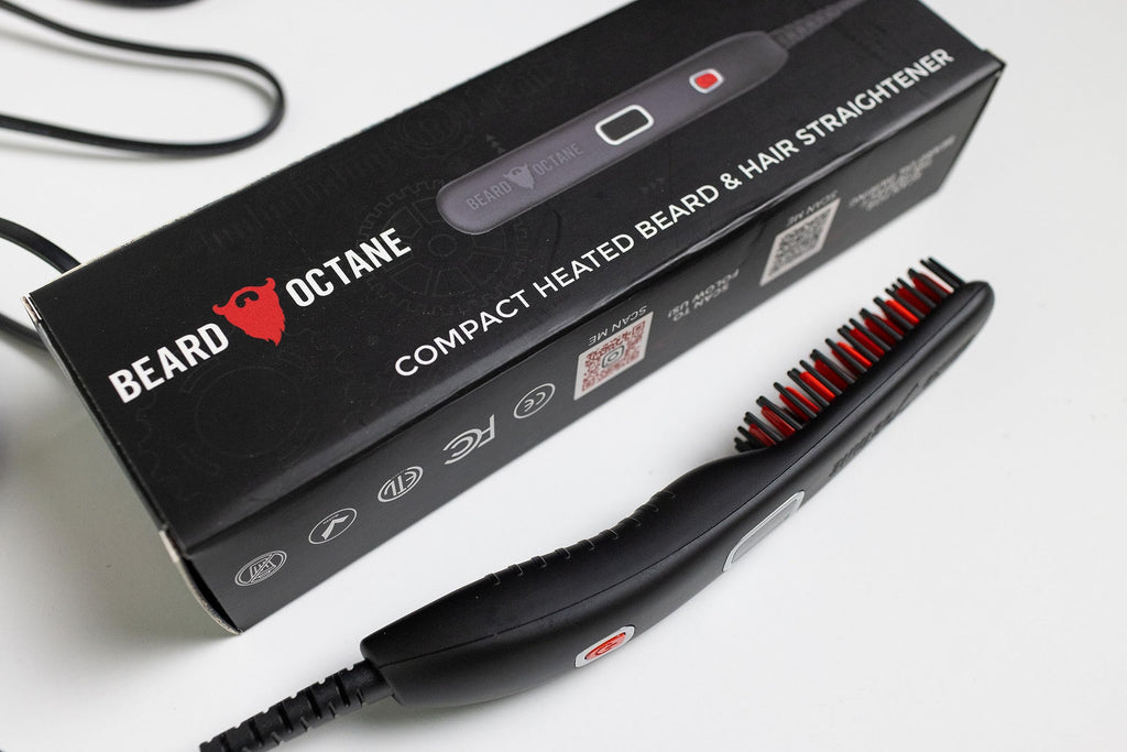 Beard Straightener for Men (Corded) – Ceramic Heated Brush Kit with Beard Oil & Unscented Beard Balm – Smooths & Styles Beards – Beard Octane