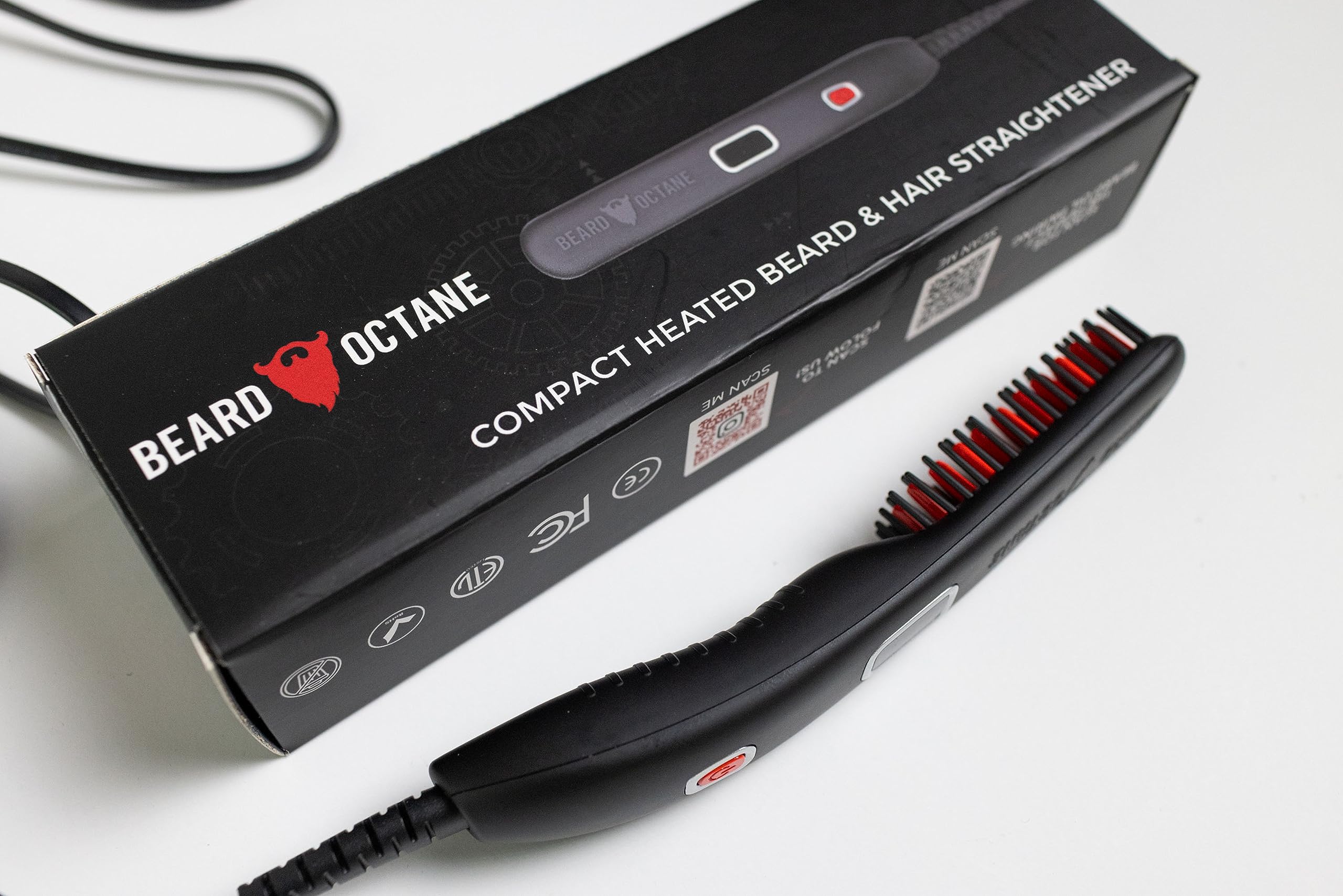 Beard Straightener for Men (Corded) – Ceramic Heated Brush Kit with Beard Oil & Unscented Beard Balm – Smooths & Styles Beards – Beard Octane