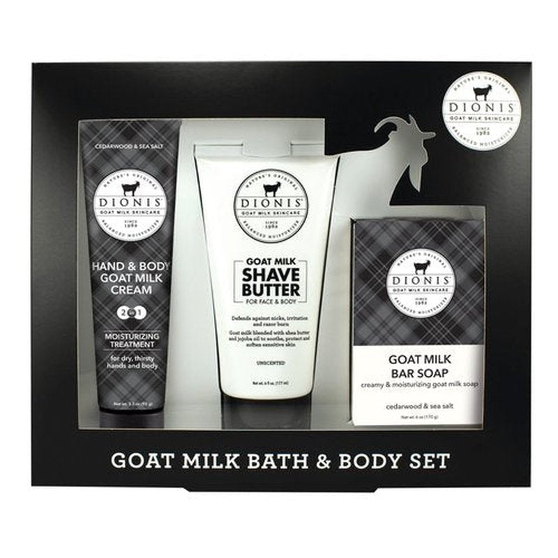 Dionis Goat Milk Cedarwood & Sea Salt Shave Butter, Hand & Body Lotion, and Bar Soap Bath & Body 3-Piece Gift Set