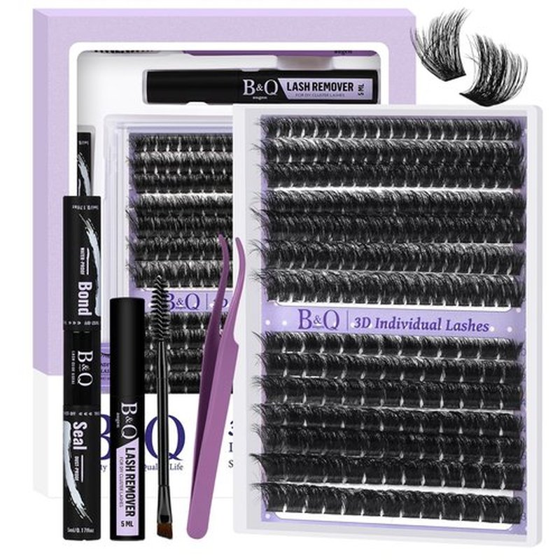 B&Q Fluffy Lash Clusters Kit 100D+200D Dramatic Eyelash Clusters Kit 10-18MM 0.05MM Wispy Lash Thick Volume DIY Individual Lashes 3D Mega Eye Lashes Suitable for Beginners at Home(KIT-100D+200D)