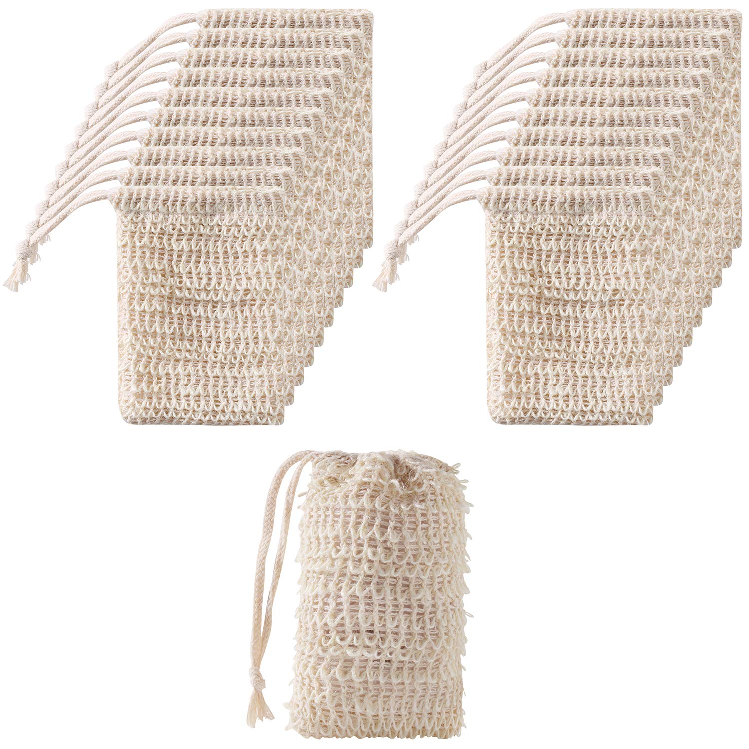 Trounistro 60 Pack Soap Exfoliating Bag Pouch Soap Saver Natural Ramie Soap Bag Hand Made Soap Bag Mesh Soap with Drawstring for Bath Shower Use