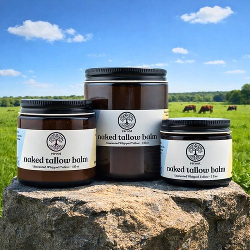 Reroot Organics Beef Tallow Balm for Skin | NAKED TALLOW BALM | 1 Ingredient - 100% Grass Fed Grass Finished Tallow | Whole Body & Face Moisturizer | Whipped | Dry Skin, Eczema, Rosacea, (2oz)