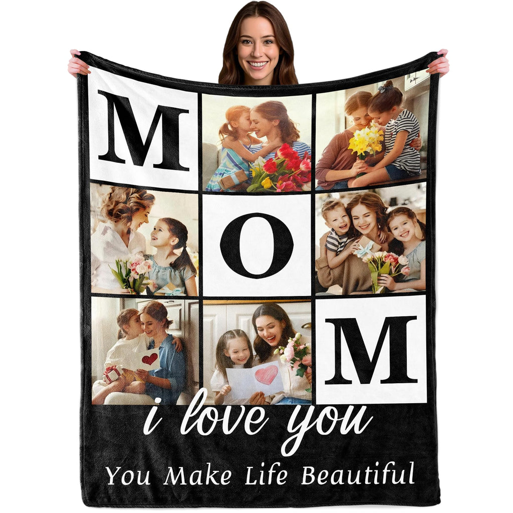 Savilediy Ship Next Day Mothers Day Photo Gifts for Mom from Daughter Son Kids, Custom Blanket with Picture Text for Adult, Personalized Birthday Gifts for Mommy Mama Women Her Wife