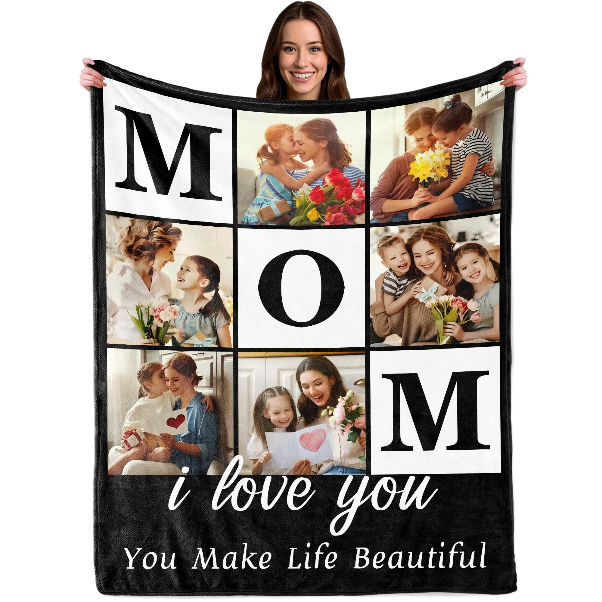 Savilediy Ship Next Day Mothers Day Photo Gifts for Mom from Daughter Son Kids, Custom Blanket with Picture Text for Adult, Personalized Birthday Gifts for Mommy Mama Women Her Wife