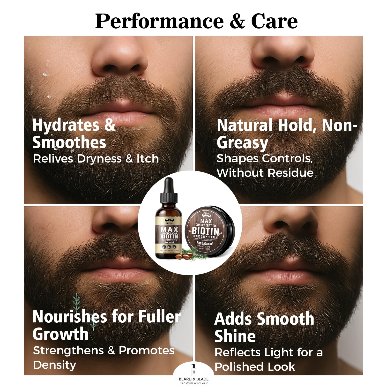 FEBOTE 4X Concentration Biotin Beard Kit for Men – Unscented Oil & Sandalwood Balm Set (2 Pack) – Moisturizes, Softens & Promotes Growth – Premium Beard Grooming Gift for Father’s Day or Him