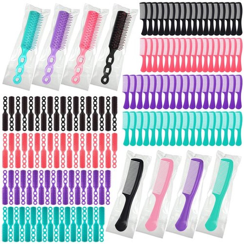 Baderke 144 Pack Individually Wrapped Hair Brushes Combs Set for Homeless, Detangling Brush Widen Combs for Curly Hair Suitable for Women Men Shelter Nursing Hotel Church Charity Supplies(4 Colors)