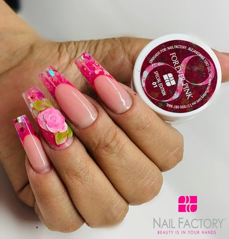 Nail Factory - Acrylic Powder Set Forever Pink Collection, 15 Pink Colors Mixed Shapes Set Glitter Nail Sequins Powder Holographic, Professional Nail Art Cosmetic, 3.5 Gr. Each One.