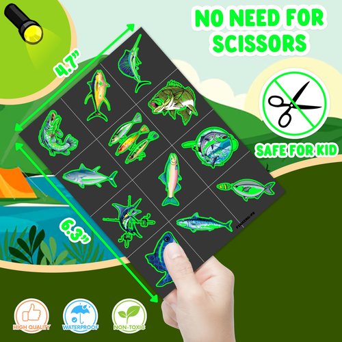 96 PCS Fishing Pre-Cut Luminous Temporary Tattoos Birthday Party Decorations Favors Supplies Decor Gone Fishing Fisherman Glow in The Dark Stickers For Girls Boys Gift School Prizes Rewards (Luminous)