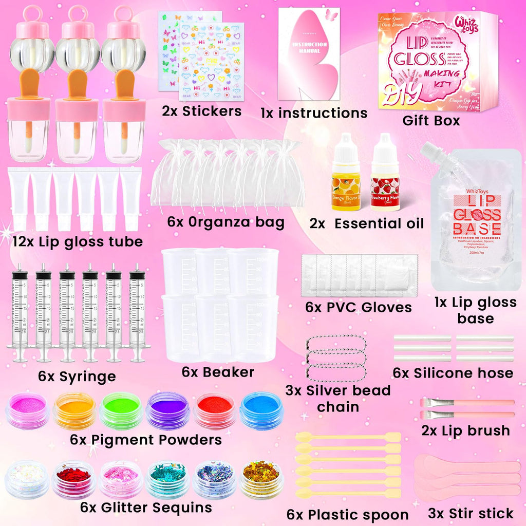 WhizToys 74PCS DIY Lip Gloss Making Kit，Make Your Own Lip Glosses Moisturizing DIY Lip Glaze Handmade Glittery Set for Teens Girls Women Makeup Lover Beginner Birthday Gift