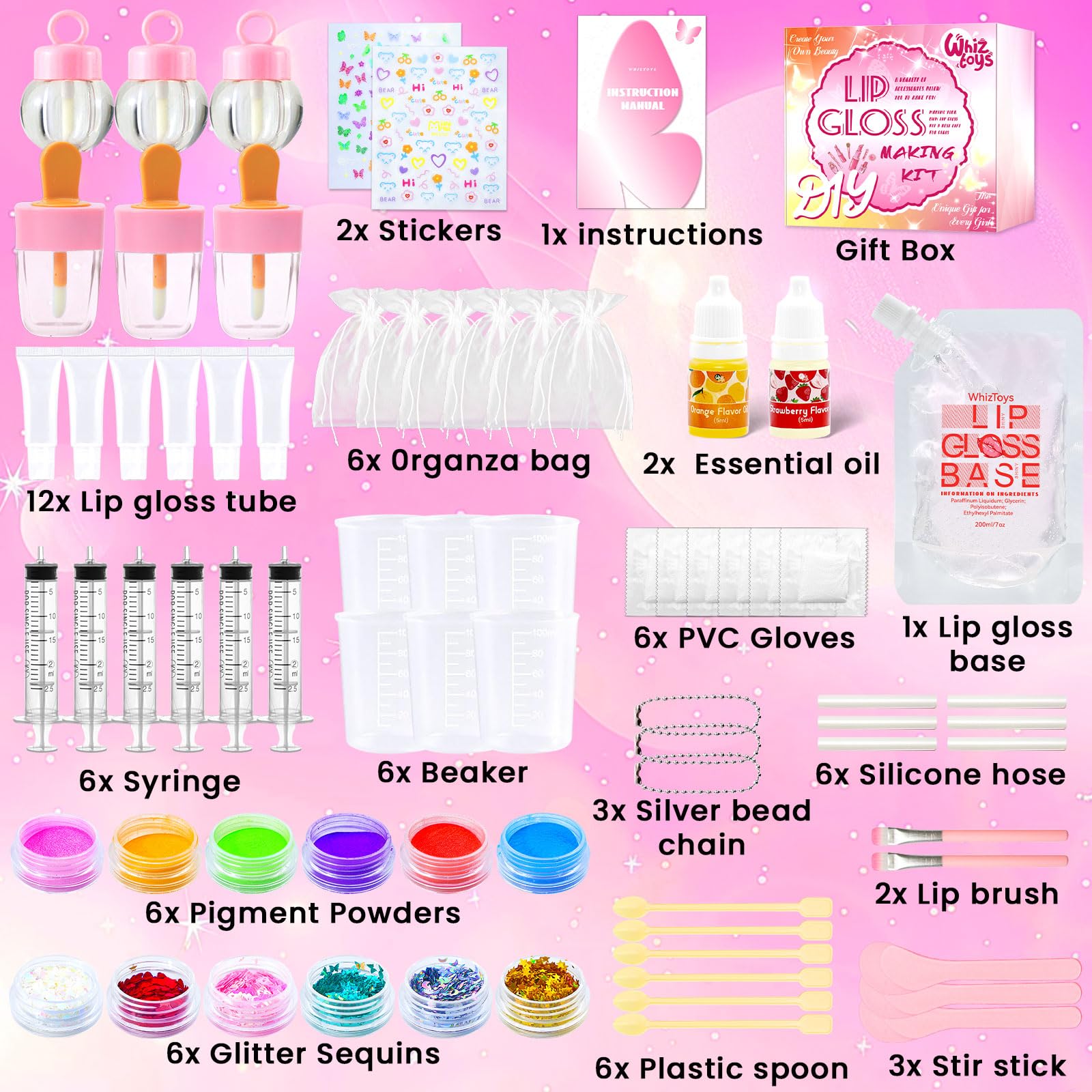 WhizToys 74PCS DIY Lip Gloss Making Kit，Make Your Own Lip Glosses Moisturizing DIY Lip Glaze Handmade Glittery Set for Teens Girls Women Makeup Lover Beginner Birthday Gift